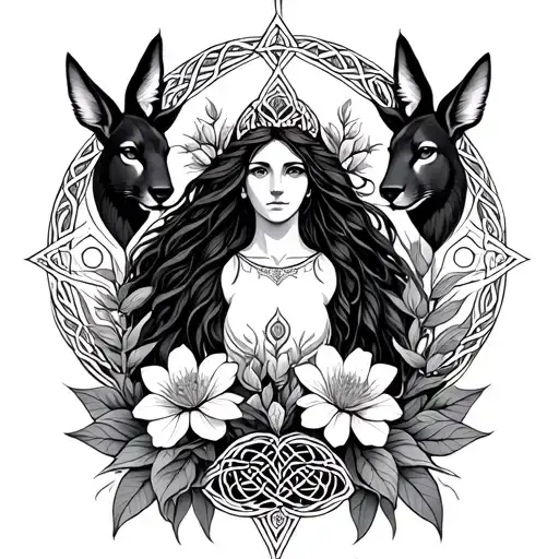 Celtic Goddess, Danu. Surrounded by her associated flowers and animals tattoo design idea