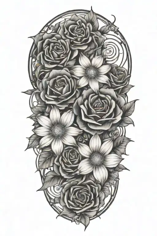 An intricate tattoo with a chain of daisys cosmos flowers and roses tattoo design idea