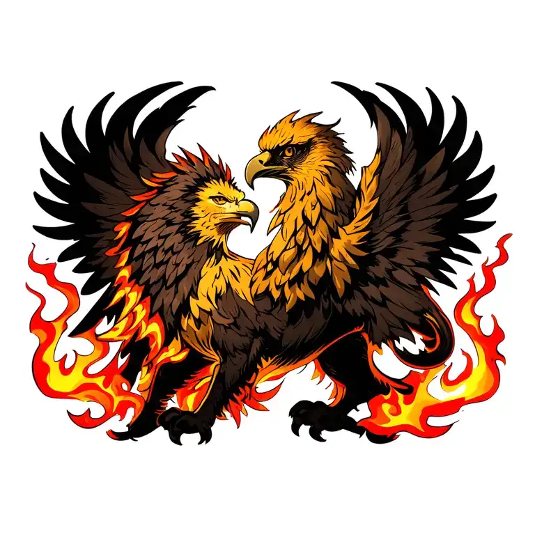 I want to tattoo a gryphon hybrid of eagle(head) and the lion(body) on my chest covered in flames  tattoo design idea