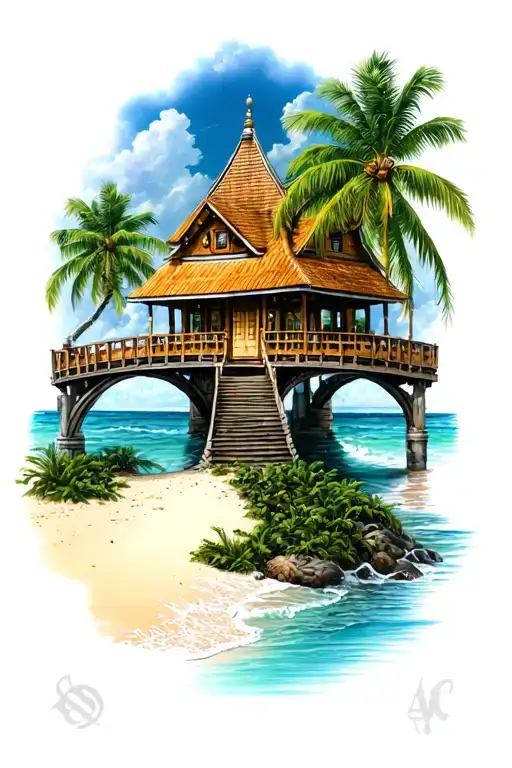 dollar beach sand palm house caribbean bridge asian temple tattoo design idea