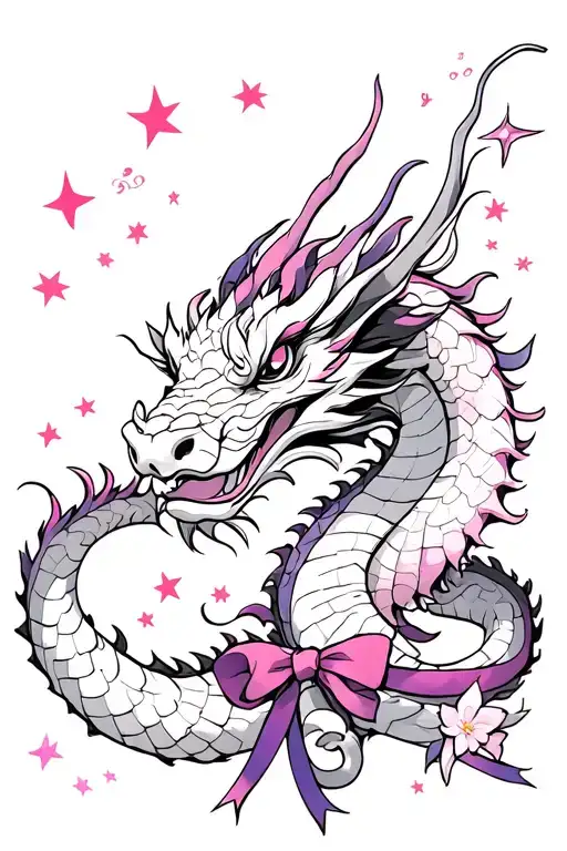 Dragon Chinese and sakura small stars ribbons and a bow of color Pink purple black white tattoo design idea
