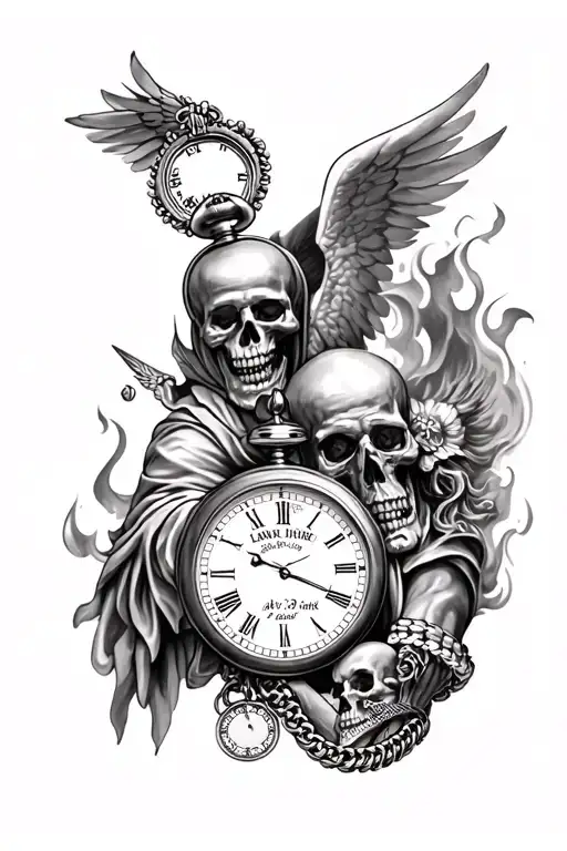 full arm sleeve tattoo featuring saint micheal, pocket watch, burning skull, psalms 13:4, team Larkin bracelet,  tattoo design idea