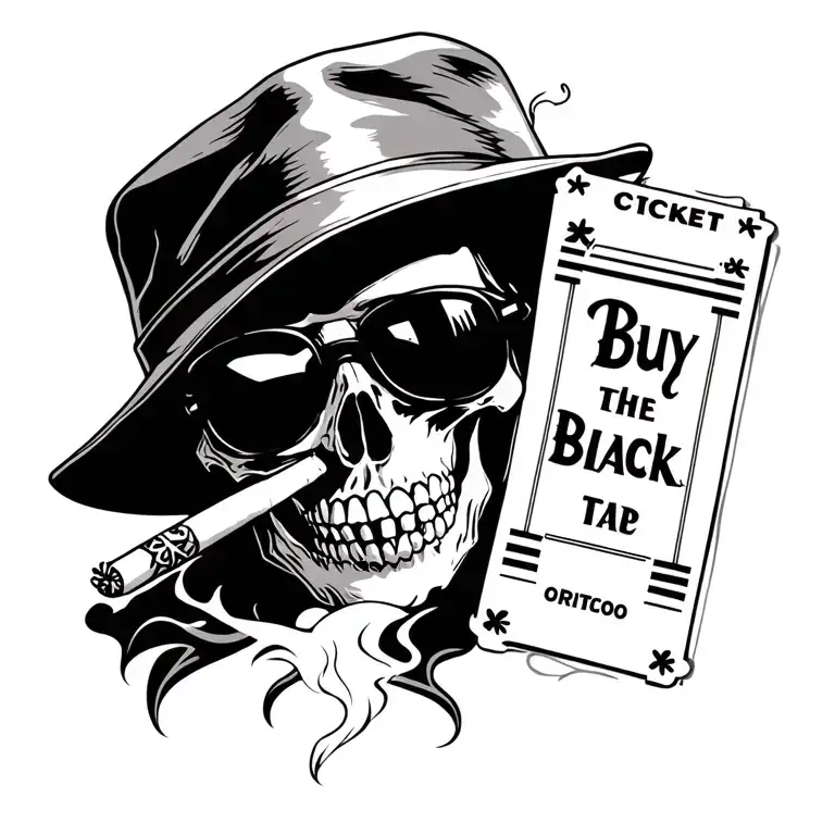 black and white tattoo design, skull with sunglasses and hat smoking a cigarette, combined with ticket saying 'Buy the t tattoo design idea