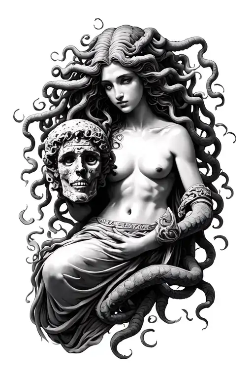 realistic pretty Medusa holding a stone head surrounded by Greek mythology for a leg sleeve tattoo design idea