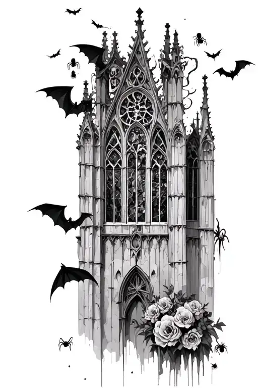 gothic cathedral with stained glass windows, dark victorian accents, rotting flowers, bats flying and spiders and skulls tattoo design idea
