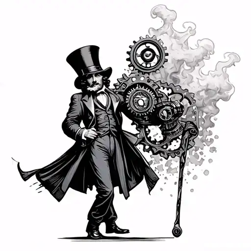 A Victorian gentleman with a cybernetic eye, wearing a top hat and holding a gear-powered cane, surrounded by steam clou tattoo design idea