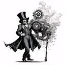 A Victorian gentleman with a cybernetic eye, wearing a top hat and holding a gear-powered cane, surrounded by steam clou tattoo design idea