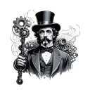 A Victorian gentleman with a cybernetic eye, wearing a top hat and holding a gear-powered cane, surrounded by steam clou tattoo design idea