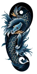 whole sleeve Japanese culture, yin and yang, fish koi, samurai origami, samurai masks, anime, mythology tattoo design idea