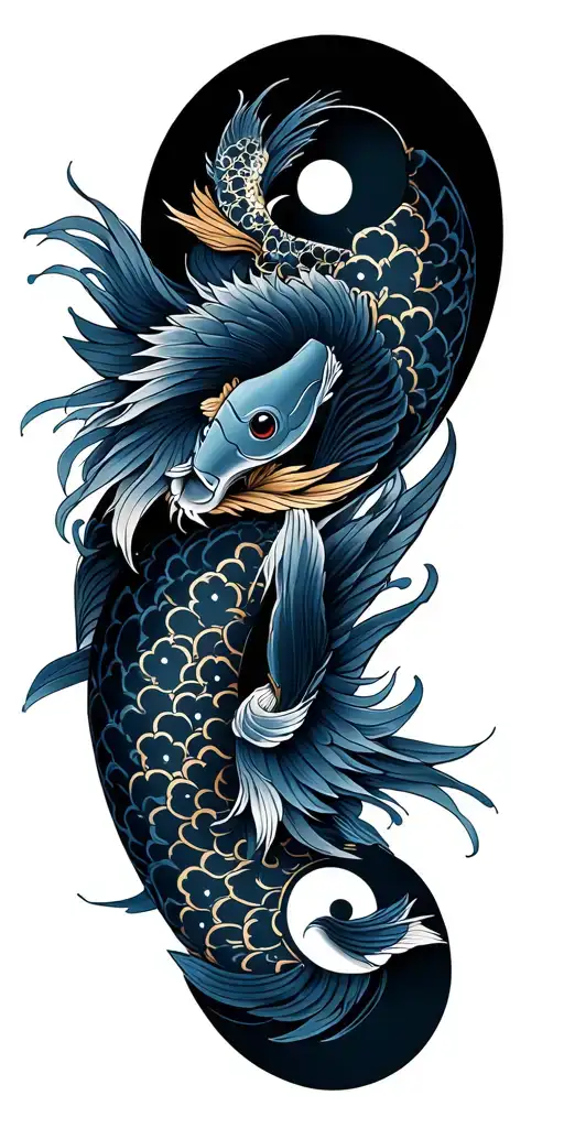 whole sleeve Japanese culture, yin and yang, fish koi, samurai origami, samurai masks, anime, mythology tattoo design idea