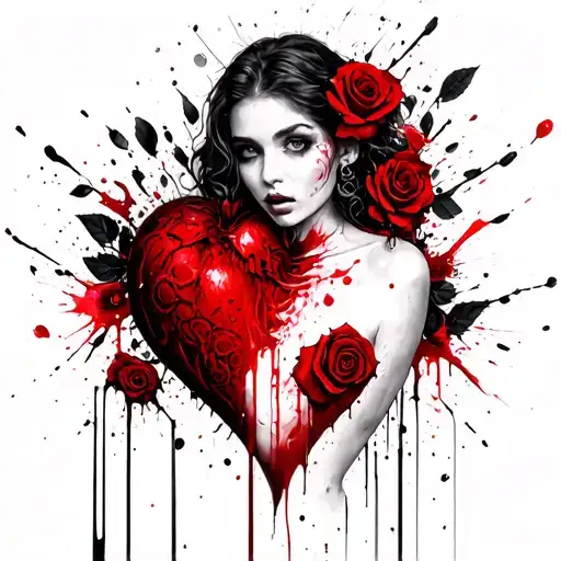 broken heart woman topless roses tattoo design idea