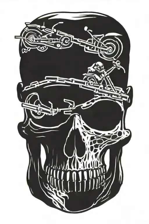 Hot rod style with railroad tracks down the center of skulls and motorcycle engines tattoo design idea