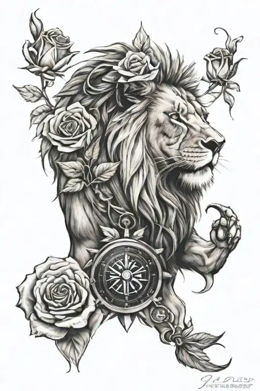 Lion with a rose and a compass tattoo design idea