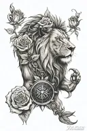 Lion with a rose and a compass tattoo design idea