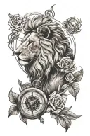 Lion with a rose and a compass tattoo design idea