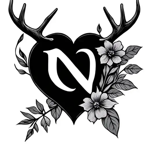 a heart with antlers shaped like with a n arrow flower intertwined tattoo design idea