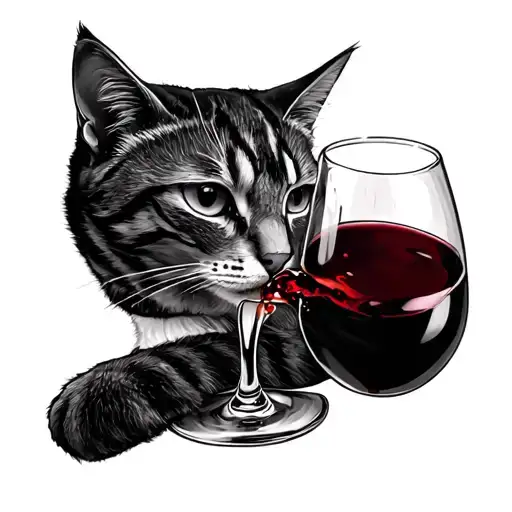cat drinking wine glass tattoo design idea