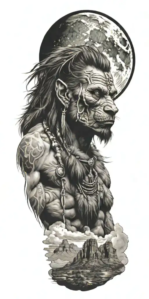Werewolf Indian, smoke clouds, Grand Canyon tattoo design idea