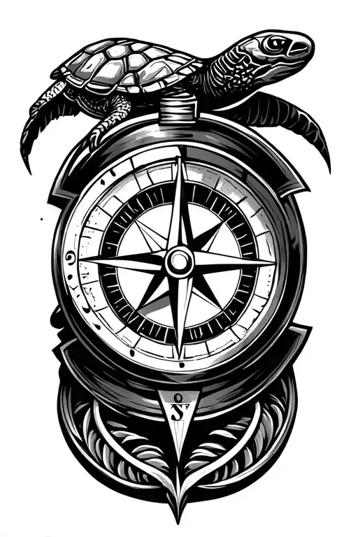 Draw a compass, with arrow coming out pointing to the hand, and replace the compass in the middle with a turtle design tattoo design idea