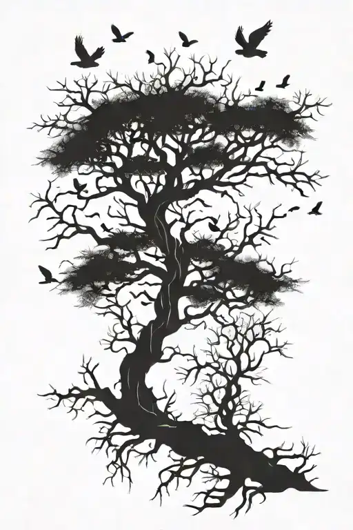 dead poison tree with no leaves and birds flying tattoo design idea
