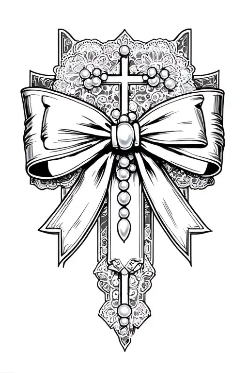 lace bow with pearls over a crusufix style cross with cyber cigilism  tattoo design idea