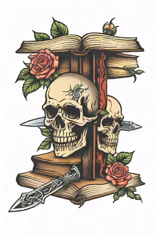 open books roses knife skull tattoo design idea