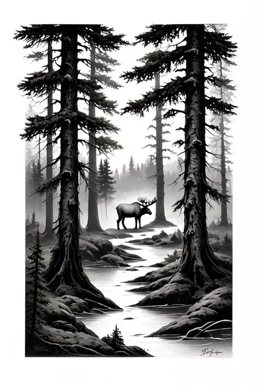a forest full of norwegian trees and you can see a moose in there tattoo design idea