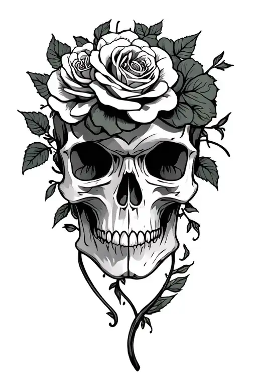 Skull, demons, flower tendrils roses with grimaces and demons as flower stamps tattoo design idea