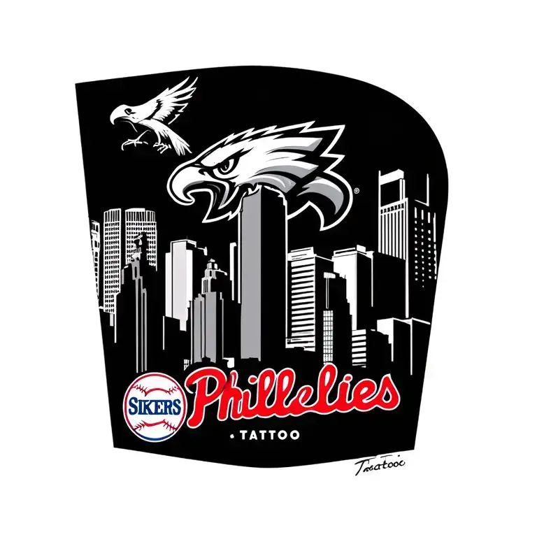 Philly skyline with sixers eagles and Phillies logo tattoo design idea