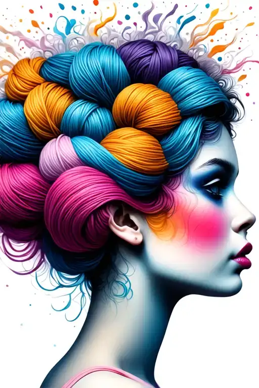 side profile female face with large weaves of yarn exploding from top it tattoo design idea