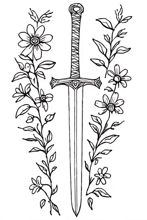 sword and flowers tattoo design idea