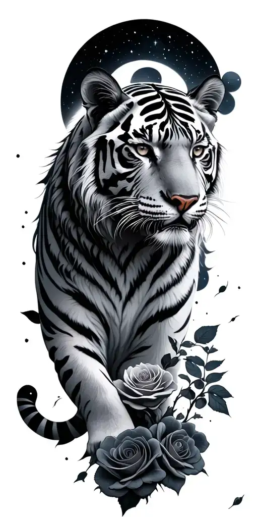white tiger, roses growing, galaxy, sleeve tattoo design idea