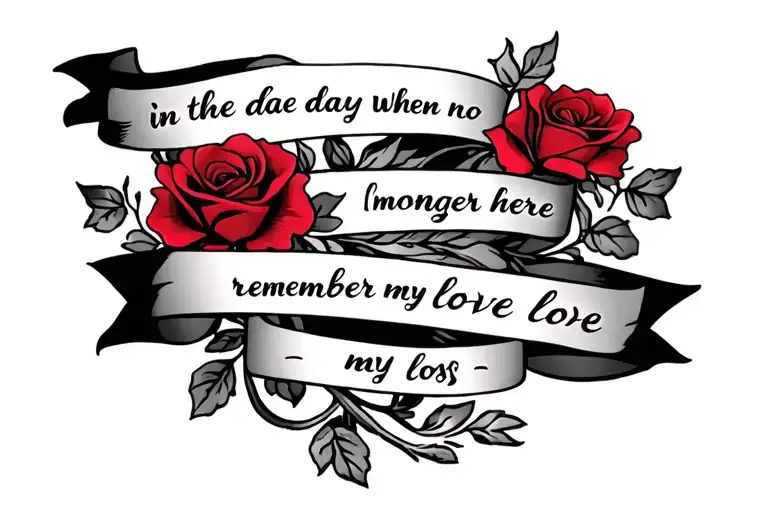 a tattoo that says- " in the day when im no longer  here remember my love not my loss" pretty with red roses and vine tattoo design idea