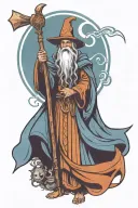 medieval wizard with large staff casting a spell skyward tattoo design idea