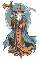 medieval wizard with large staff casting a spell skyward tattoo design idea