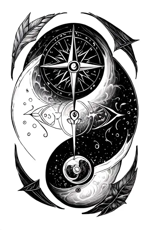 Hour glass compass arrow yin yang tattoo design idea