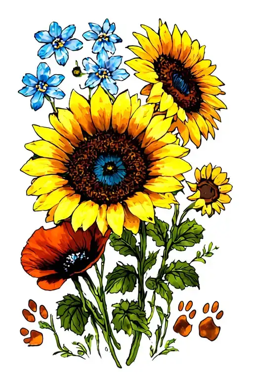 1 daisy, 1 sunflower, 1 forget-me-not, 1 poppy, 4 paw prints tattoo design idea