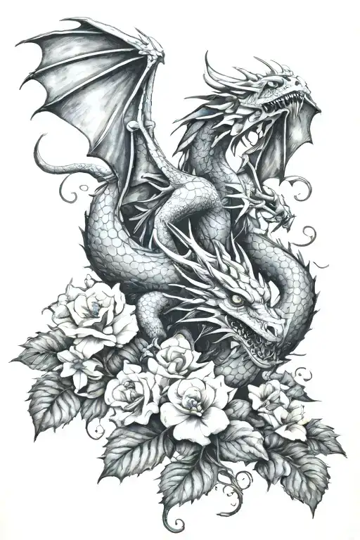dragon European gothic, feminine, i am the sky and power of every storm, violets  tattoo design idea