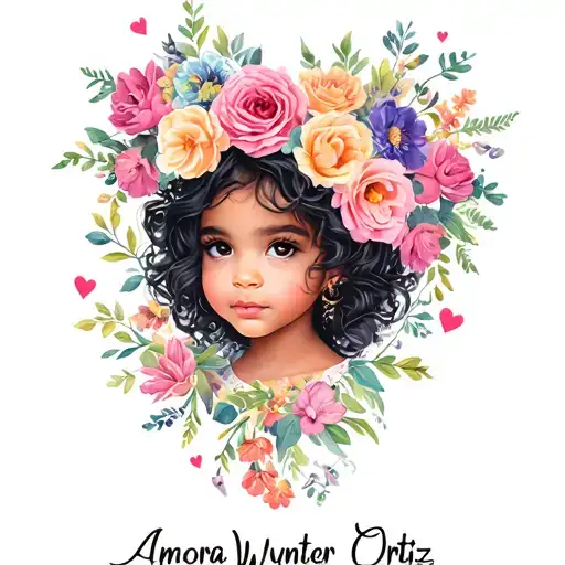 Make a tattoo design that has my grandbaby names Amora Wynter, Ortiz at the bottom big add flowers hearts and color no a tattoo design idea