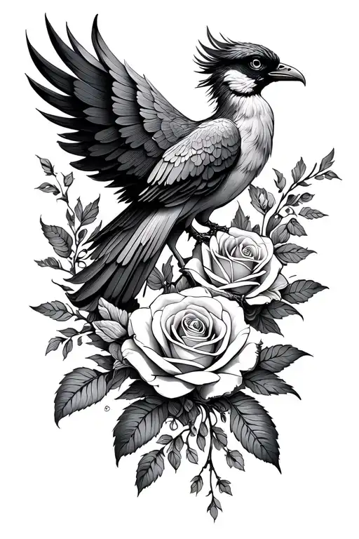roses adn phoenix bird tattoo design idea