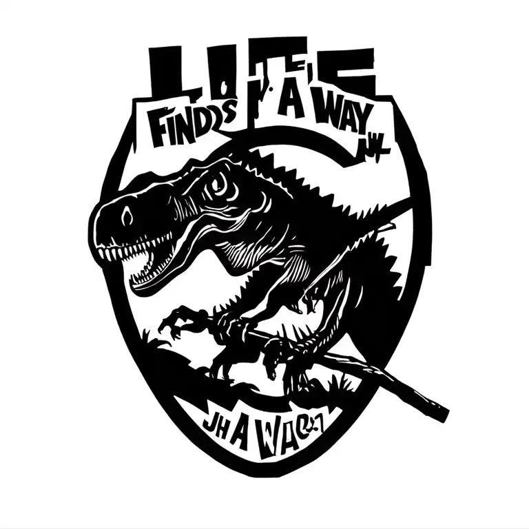 "Life, Uh, Finds A Way" Original Jurassic Park logo but the dinosaur is holding a stick tattoo design idea