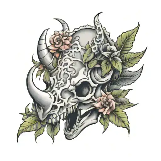 triceratops skull adorned with plants intertwined tattoo design idea