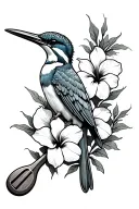 fine line Paddleboard paddle with a kingfisher perched on the handle and 3 hibiscus flowers on the blade tattoo design idea