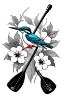 fine line Paddleboard paddle with a kingfisher perched on the handle and 3 hibiscus flowers on the blade tattoo design idea