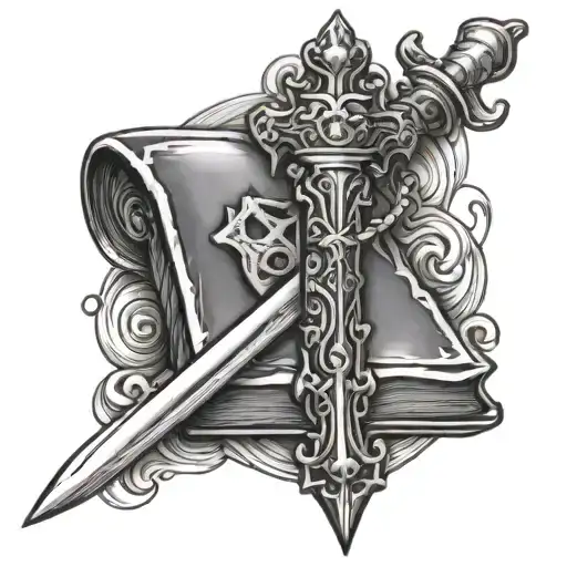 shield of faith sword behind open bible at the bottm tattoo design idea