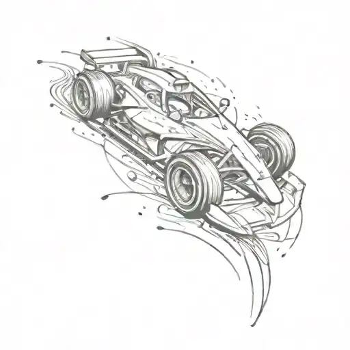 A sketch style tattoo of a racing car with paint splatters trailing behind it, resembling a paintbrush stroke tattoo design idea