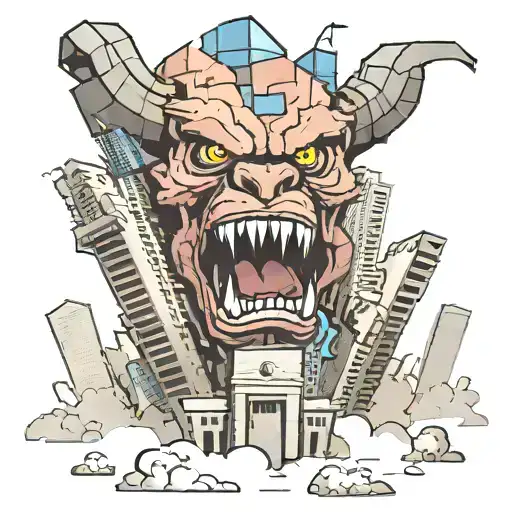 A beast emerging from between two collapsing skyscrapers that were hit by a Boeing 767 tattoo design idea
