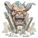 A beast emerging from between two collapsing skyscrapers that were hit by a Boeing 767 tattoo design idea