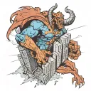 A beast emerging from between two collapsing skyscrapers that were hit by a Boeing 767 tattoo design idea