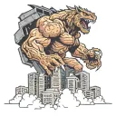 A beast emerging from between two collapsing skyscrapers that were hit by a Boeing 767 tattoo design idea